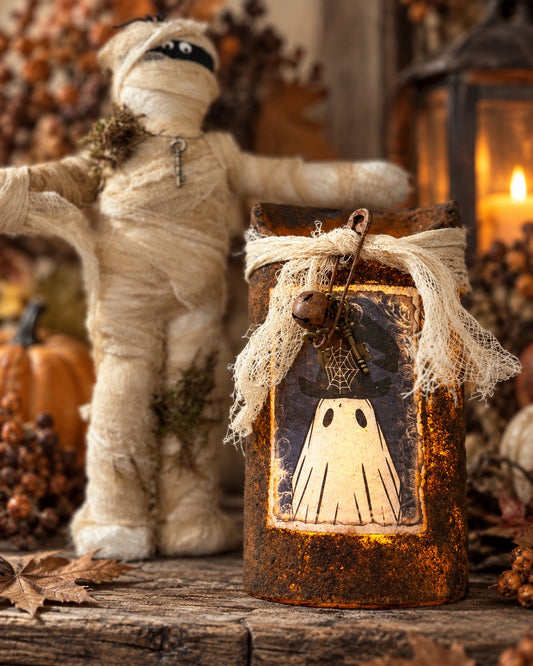 Primitive Halloween Grubby Pillar Candle, Battery Operated Primitive Candle, Handmade Grubby Candle, Autumn Decor, Halloween Ghost Decor