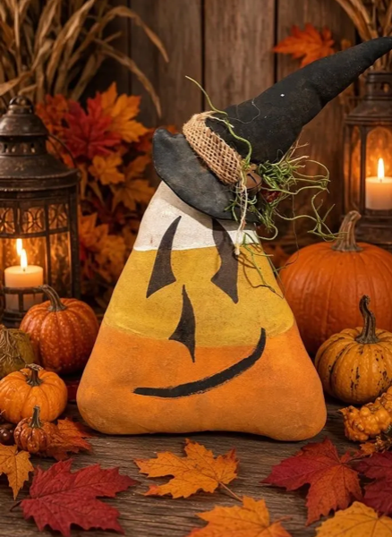 Primitive Candy Corn Decor | Halloween Witch Hat | Rustic Halloween Decoration | Handmade Witchcore Home Decor | Fall Shelf Sitter