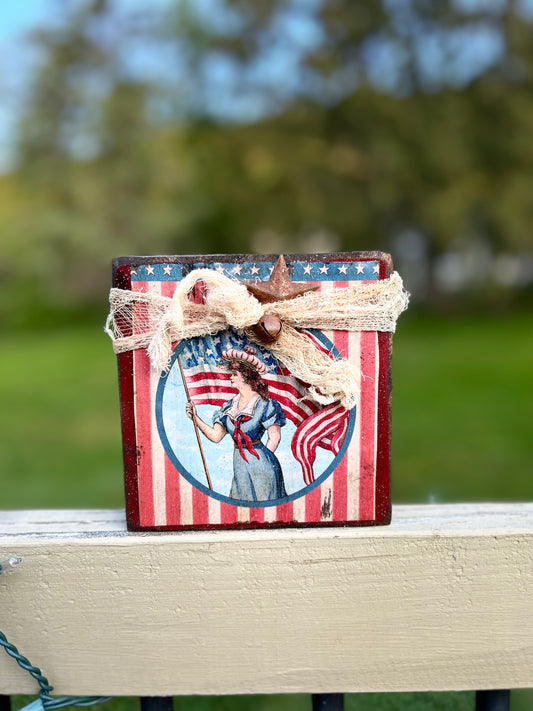 Primitive Patriotic Americana Wood Standing Sign, Americana tiered tray decor, Wooden Patriotic Plaque Sign