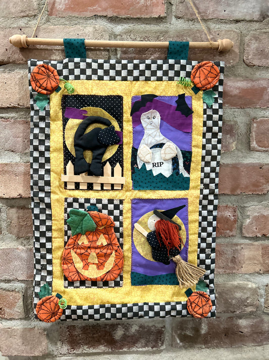 Vintage Handmade Quilted Halloween Tapestry, Quilted Sampler, Quilted Halloween Decor, Primitive