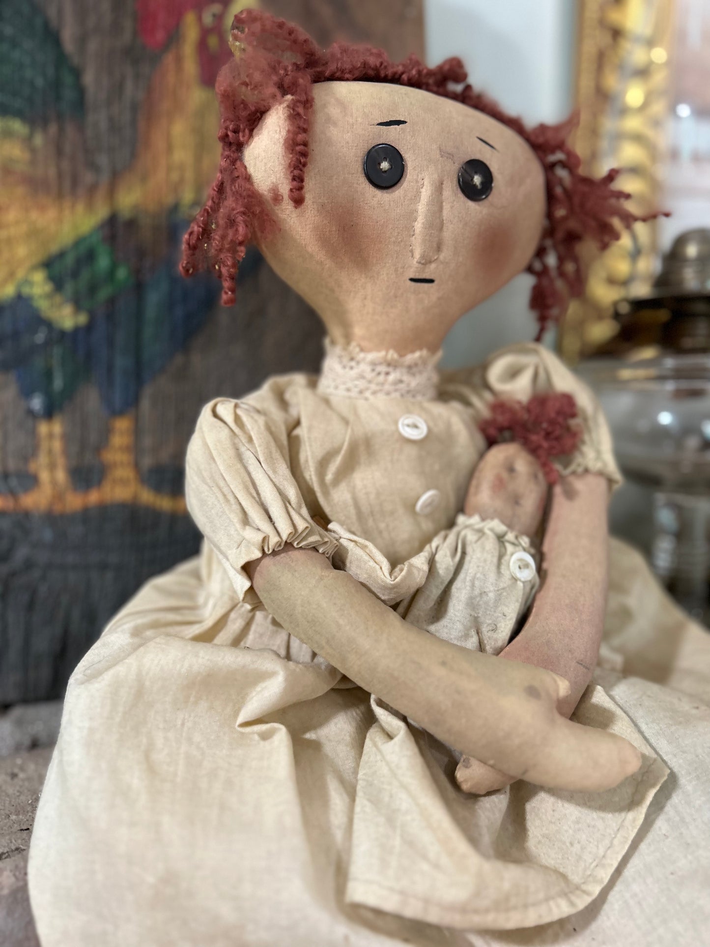 Primitive American Folk Art Victorian Doll with baby, Primitive Folk Art, Handmade Doll