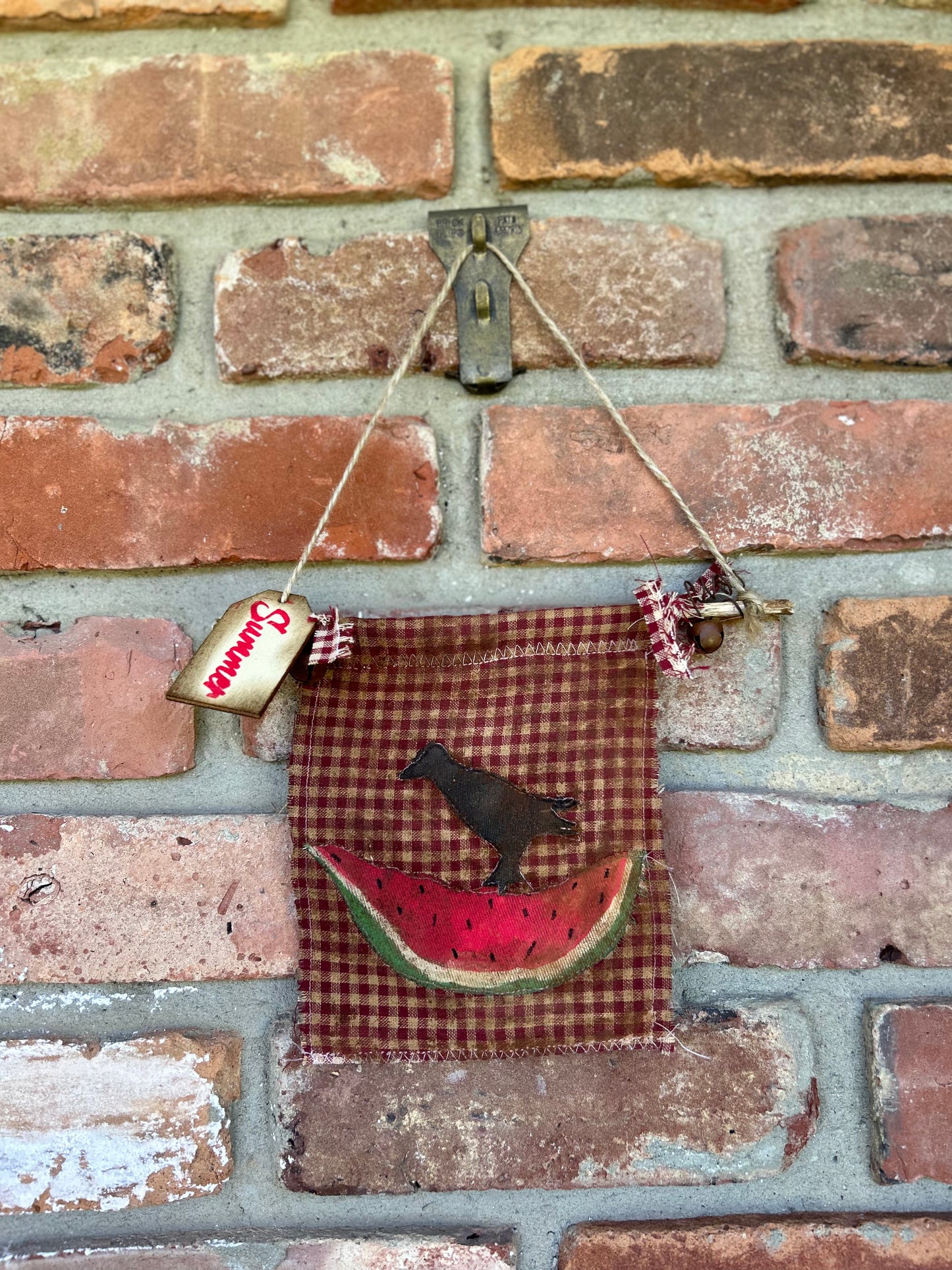 Primitive Farmhouse Summer Watermelon Flag, Hanging Banner, handmade Appliqué