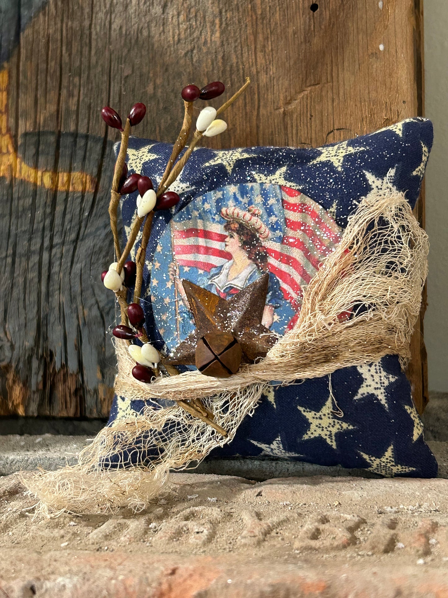 Primitive Patriotic Star Pillow Tuck, Primitive Patriotic Decor, Farmhouse Americana Decor