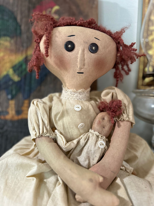 Primitive American Folk Art Victorian Doll with baby, Primitive Folk Art, Handmade Doll