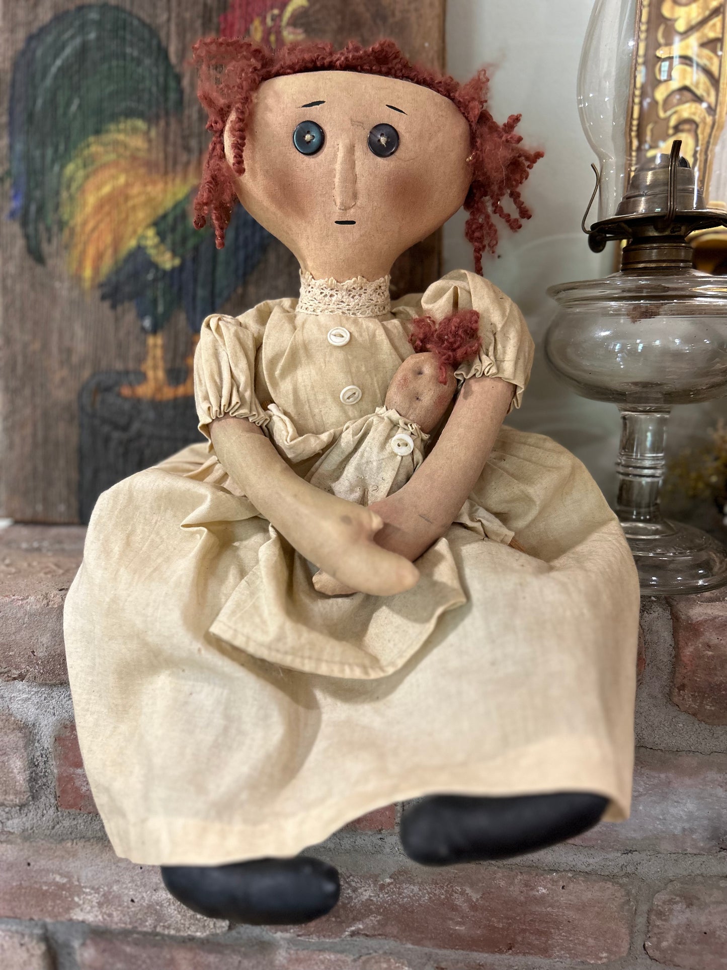 Primitive American Folk Art Victorian Doll with baby, Primitive Folk Art, Handmade Doll