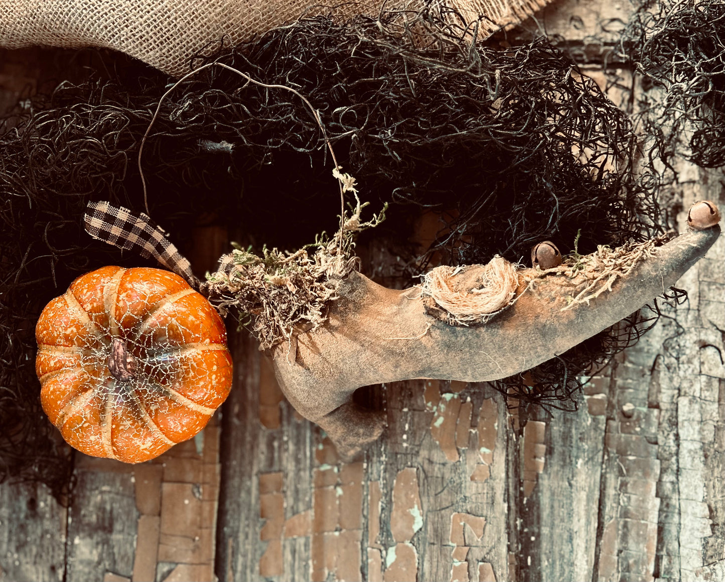 Primitive Grungy Hanging Witch Shoe, Primitive Halloween Decor, Wicked Witch