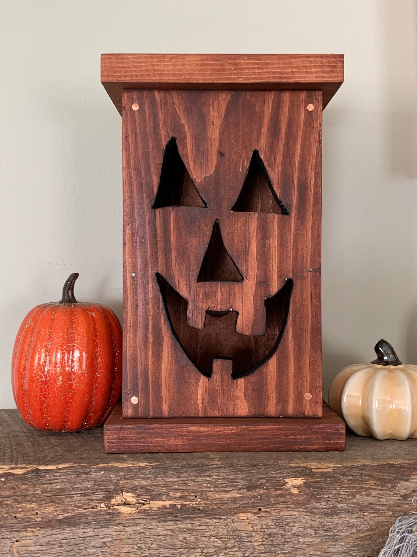 Wooden rustic jac-o-lantern lamp handmade LARGE size