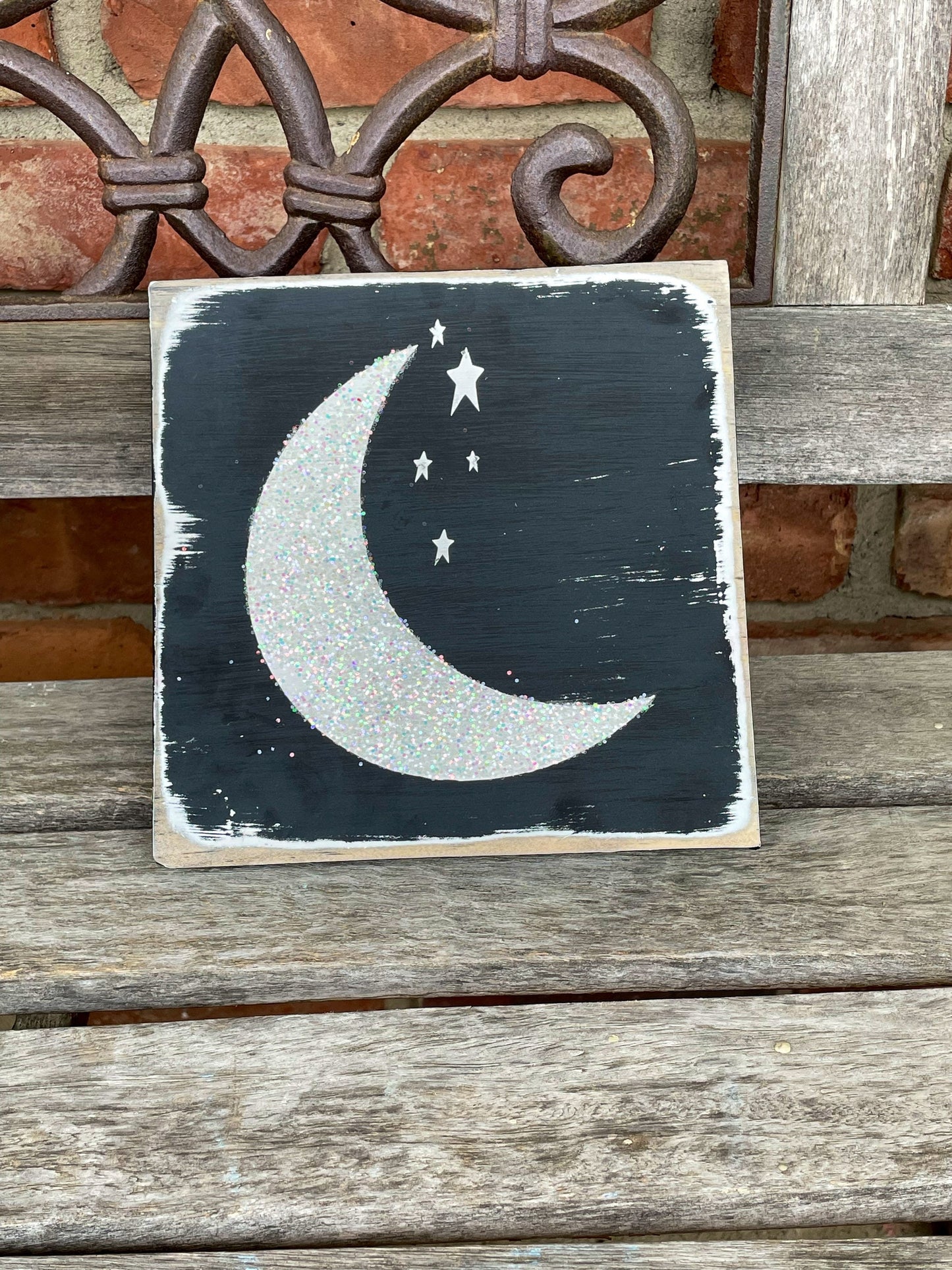 Glitter moon distressed sign/tiered tray/farmhouse decor/moon decor/distressed