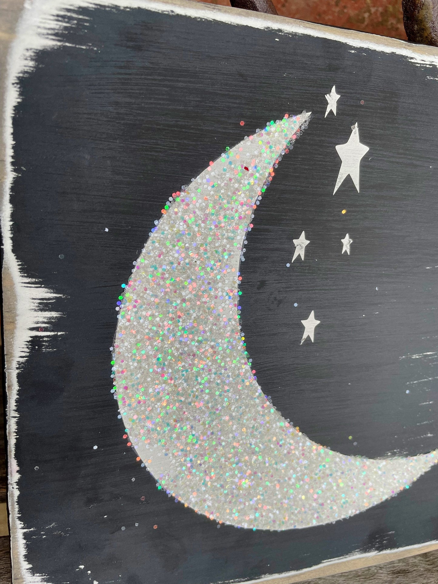 Glitter moon distressed sign/tiered tray/farmhouse decor/moon decor/distressed