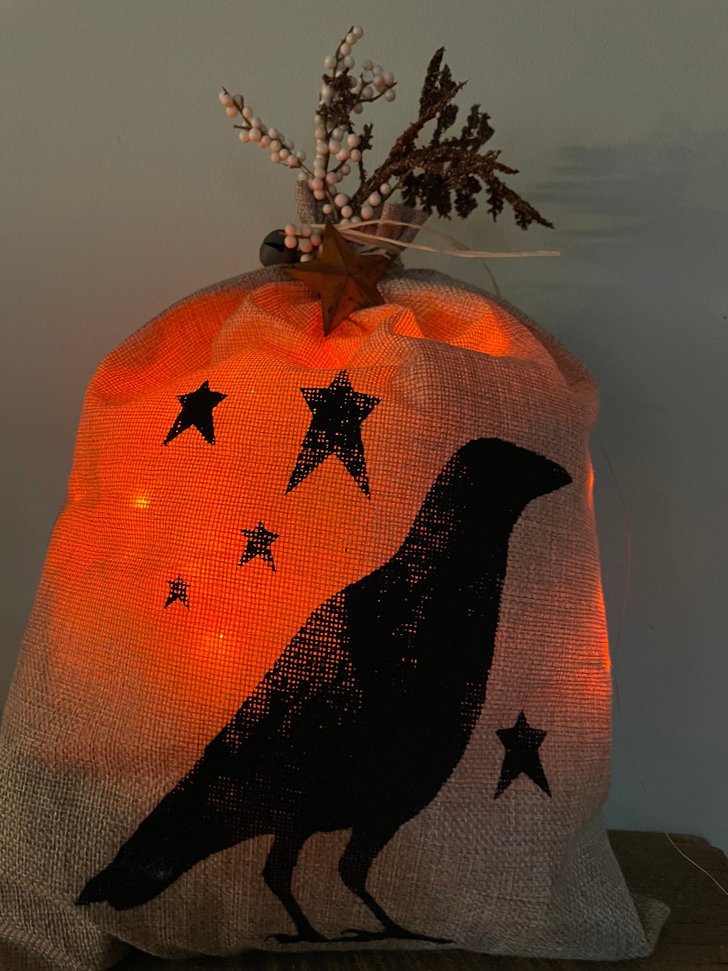 Lit Burlap Sack Burlap Bag Primitive Country Decor Halloween decor Fall Decor