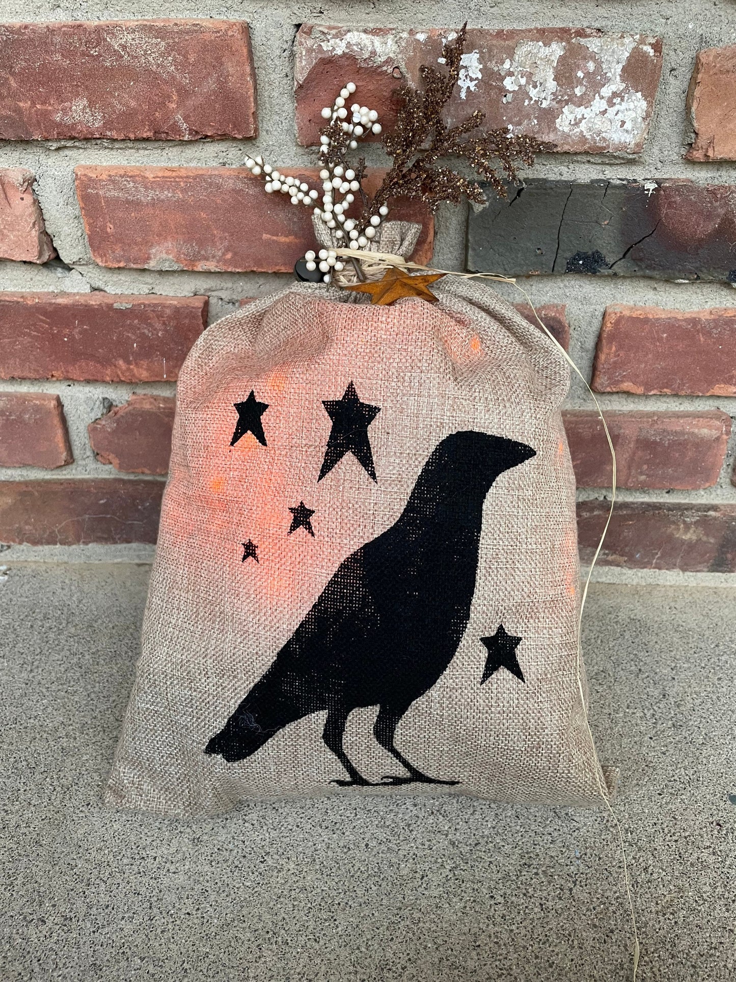 Lit Burlap Sack Burlap Bag Primitive Country Decor Halloween decor Fall Decor