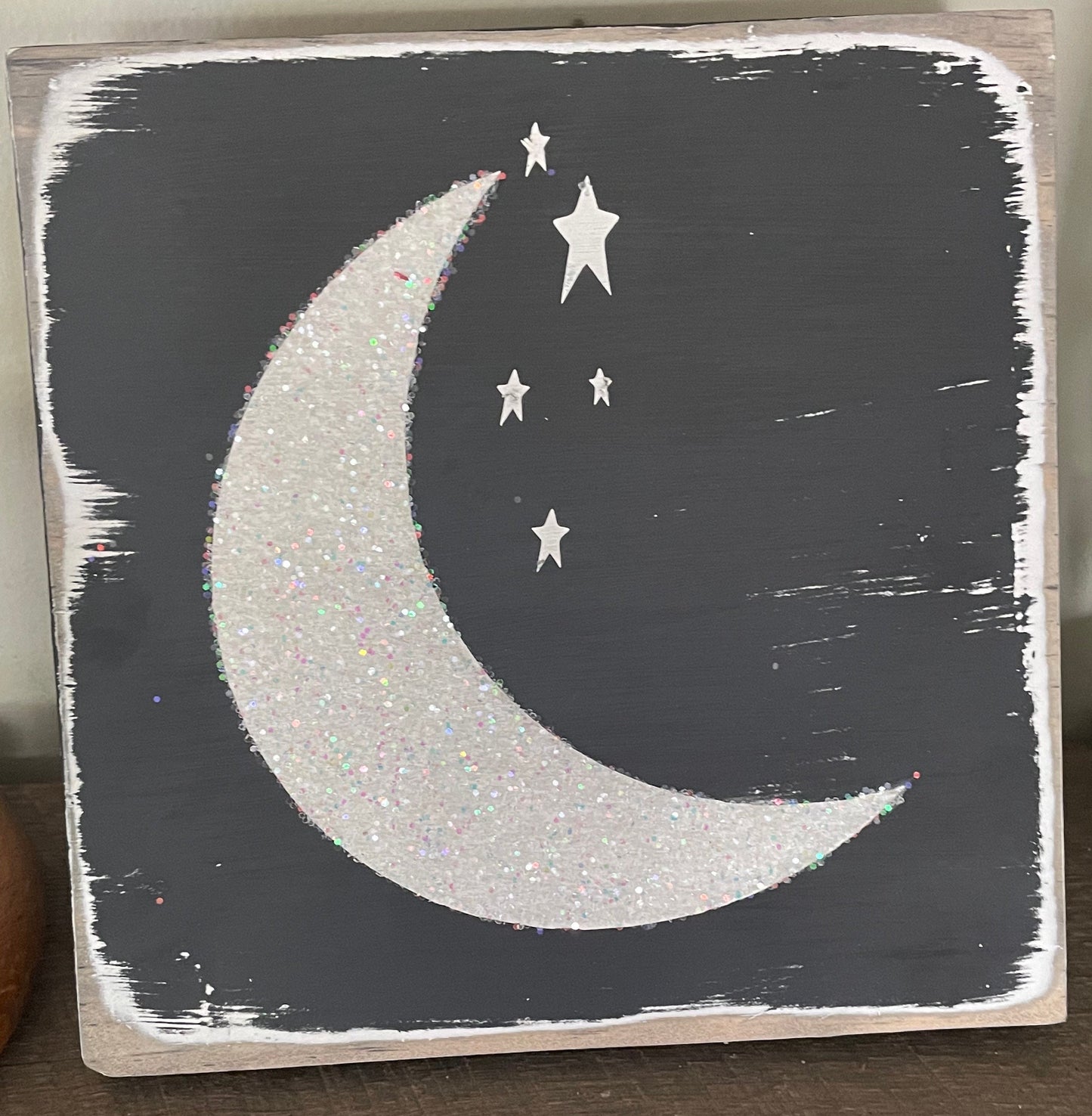 Glitter moon distressed sign/tiered tray/farmhouse decor/moon decor/distressed