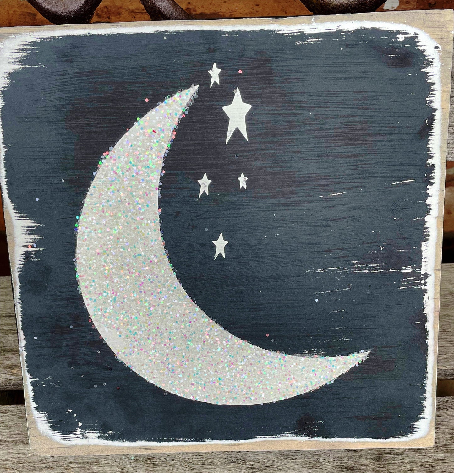 Glitter moon distressed sign/tiered tray/farmhouse decor/moon decor/distressed