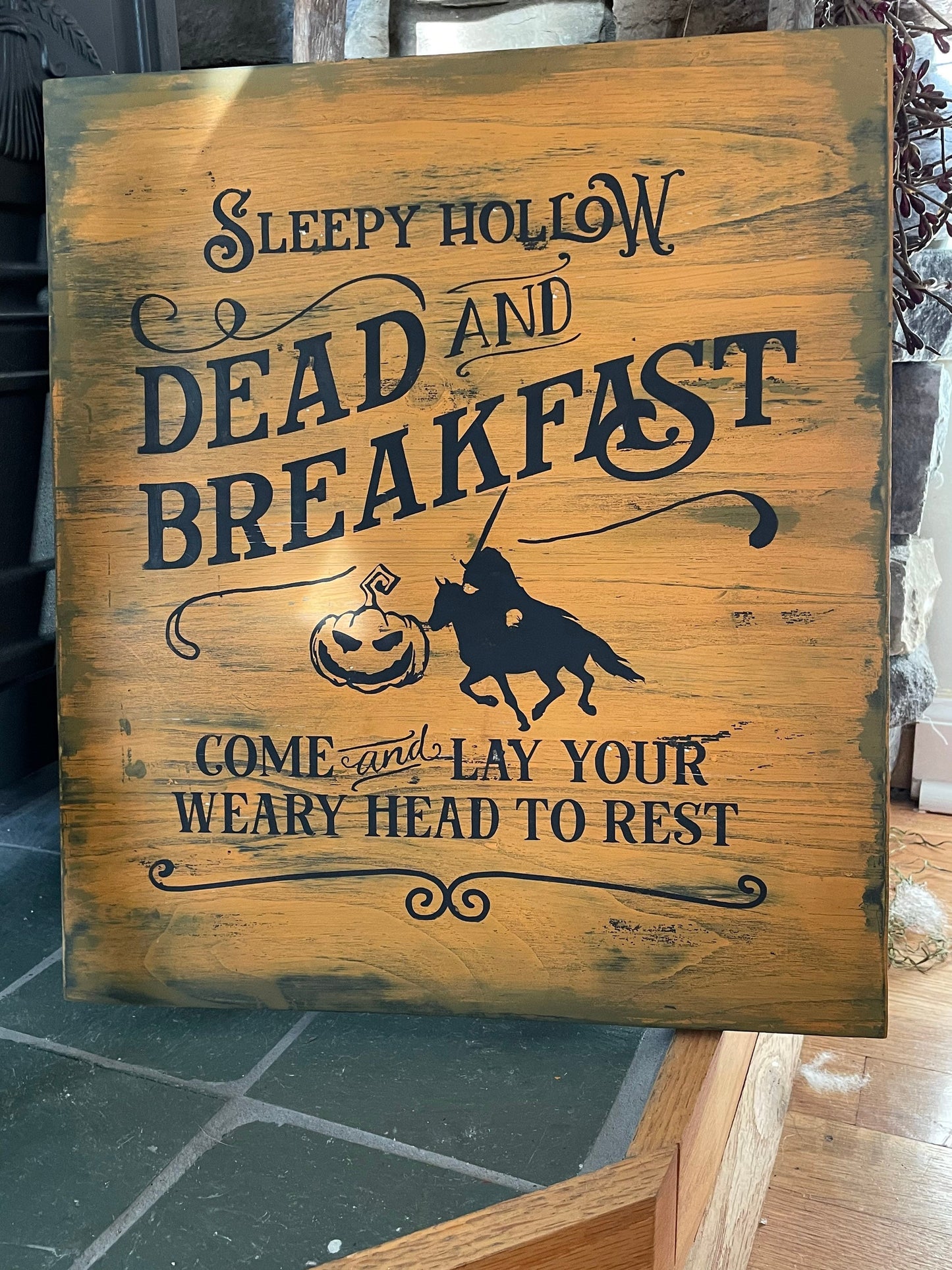 Large wooden rustic Halloween sign - Sleepy Hollow - primitive - antique reproduction sign