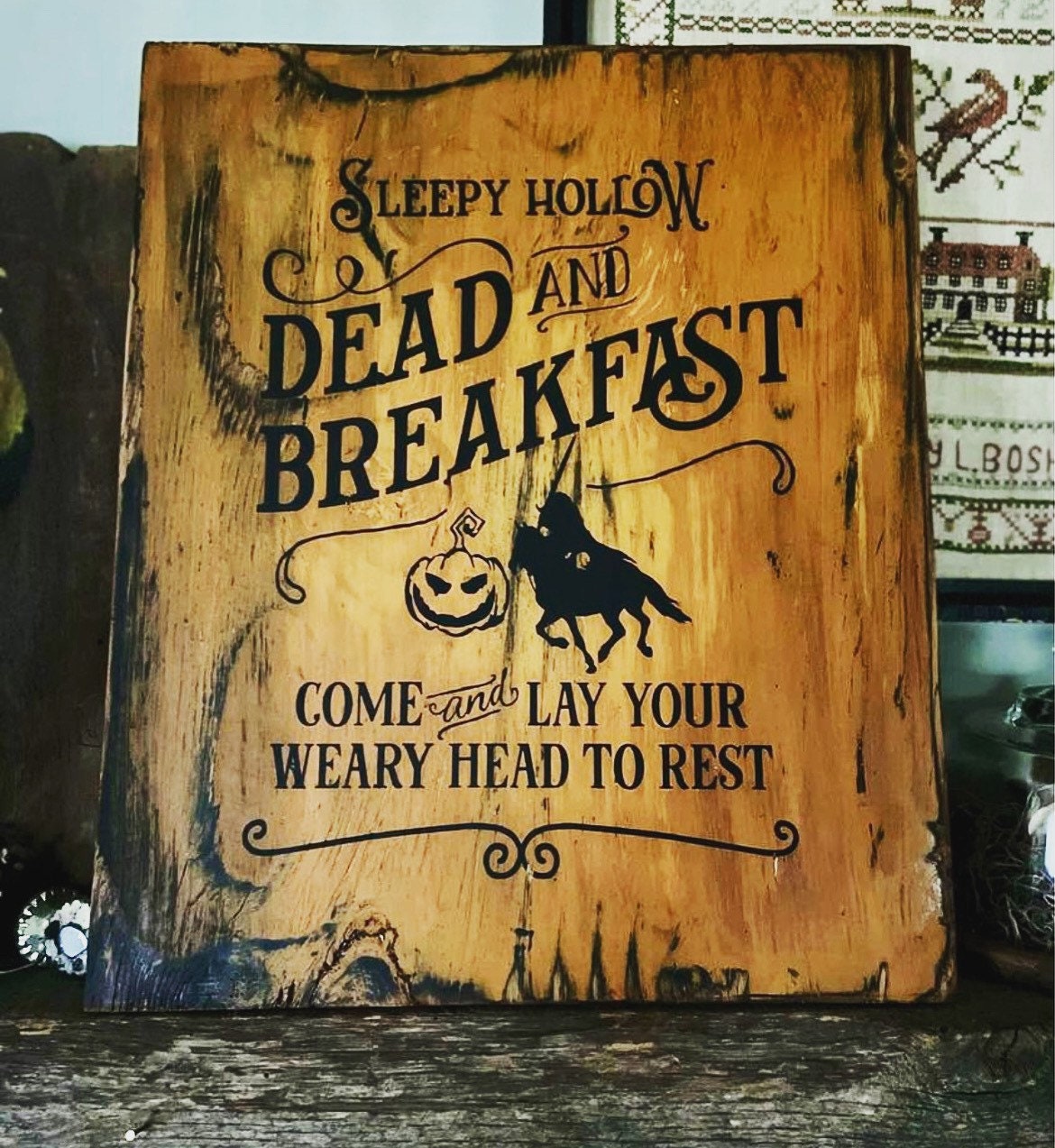 Large wooden rustic Halloween sign - Sleepy Hollow - primitive - antique reproduction sign