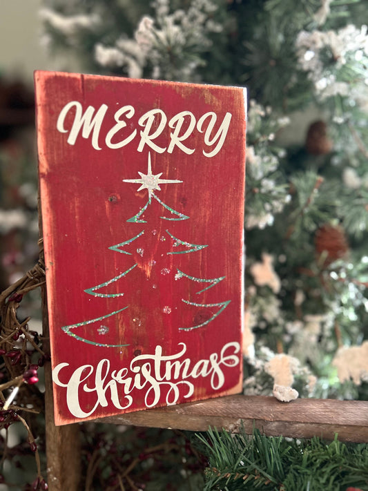 Primitive Wooden Merry Christmas Tree Sign, Primitive Christmas sign, Tiered Tray Decor, Christmas Wooden handmade Sign, Christmas Tree