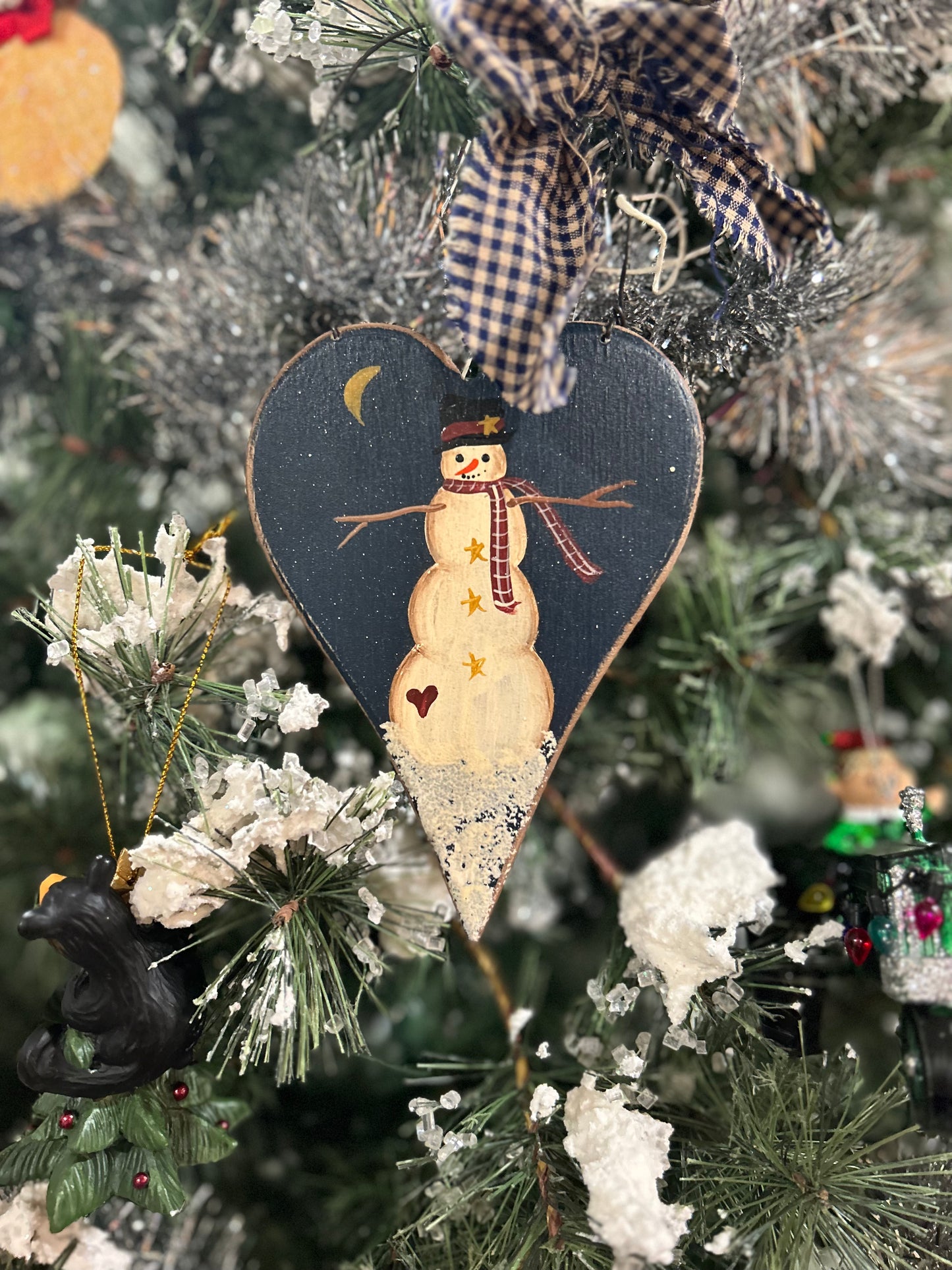 Hand painted Primitive Snowman Wooden Ornament, Rustic hand painted Christmas Ornament