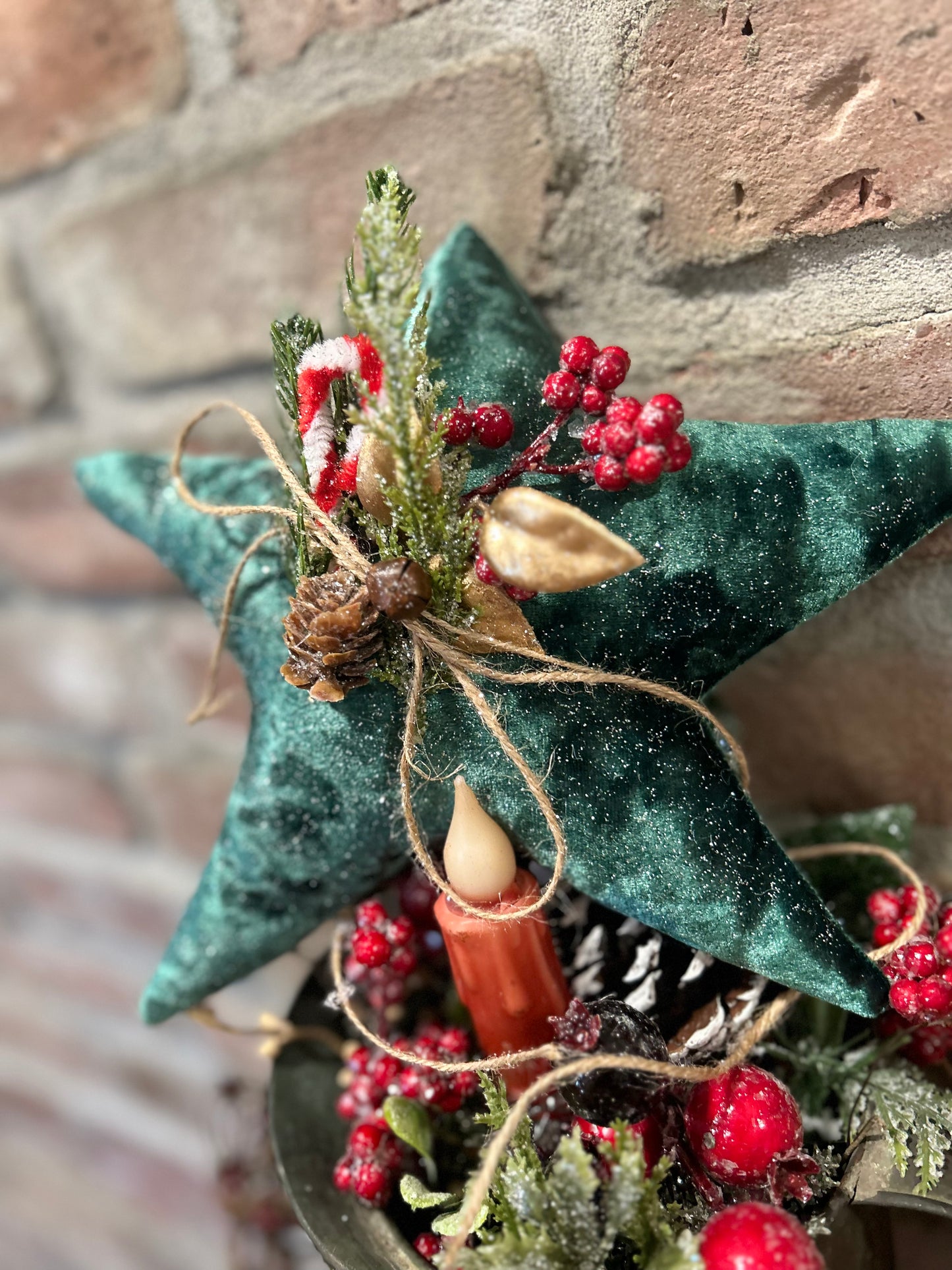 Rustic Velvet Christmas Star Ornament, Winter Star with Greenery, Primitive Christmas Decor