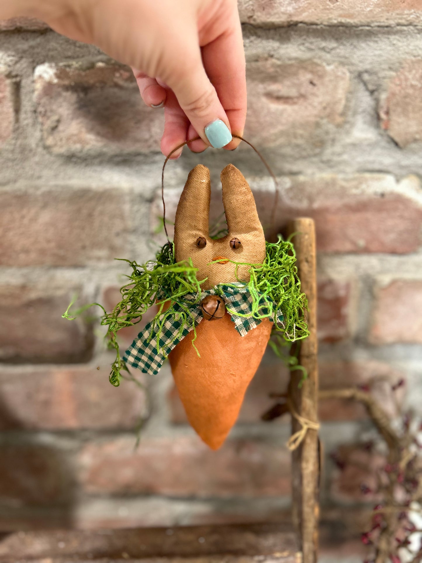 Primitive Farmhouse Easter Bunny Hanger, Bunny and Carrot Hanging Decor