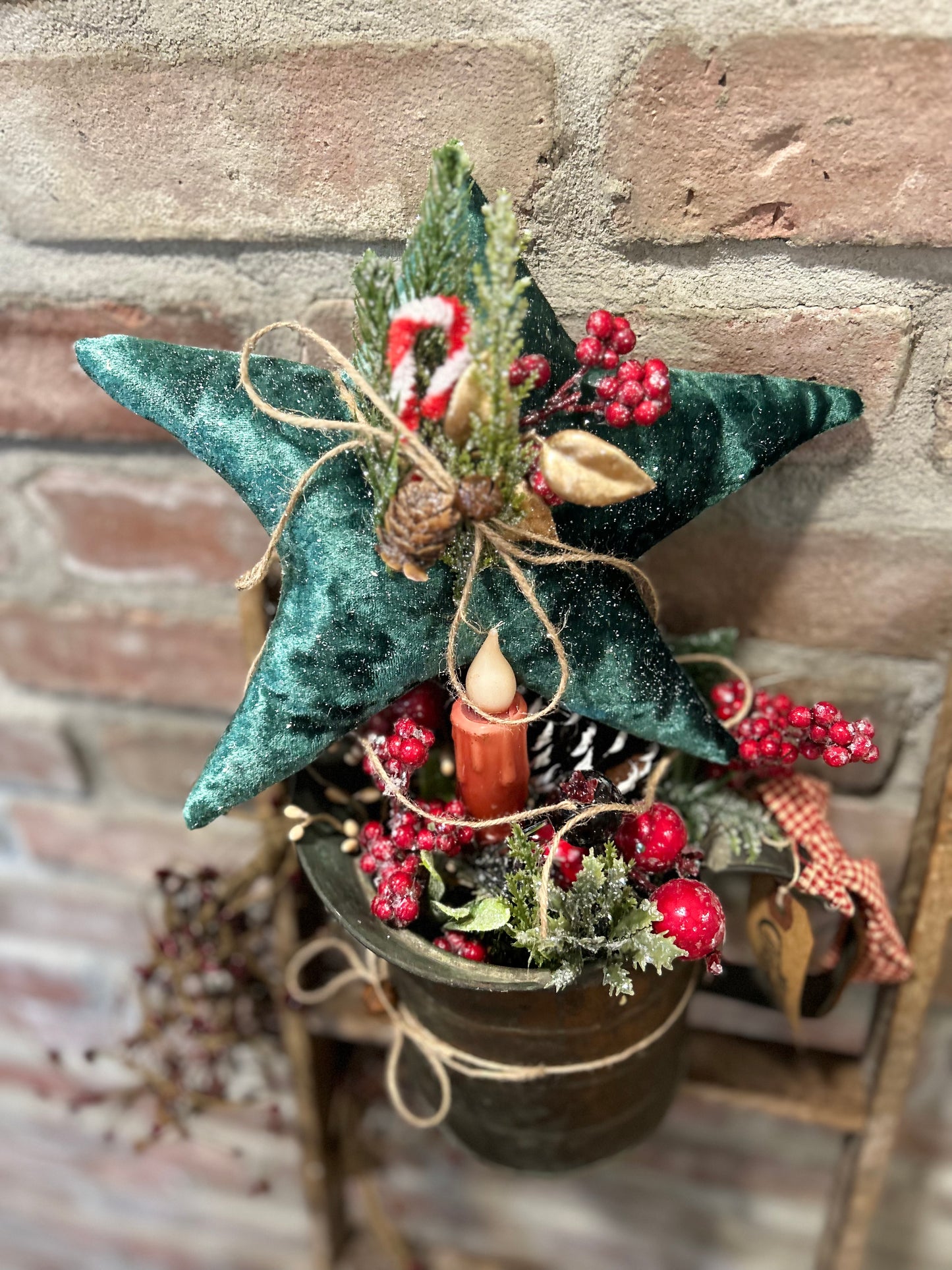 Rustic Velvet Christmas Star Ornament, Winter Star with Greenery, Primitive Christmas Decor