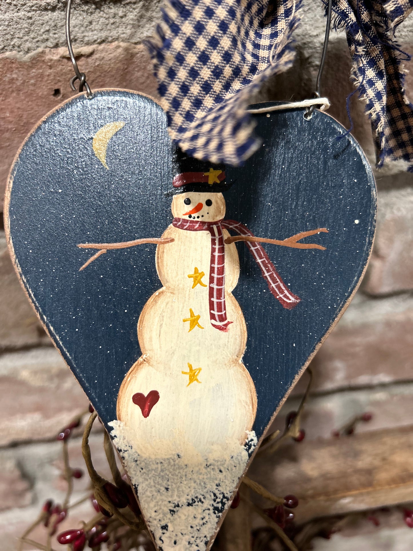 Hand painted Primitive Snowman Wooden Ornament, Rustic hand painted Christmas Ornament