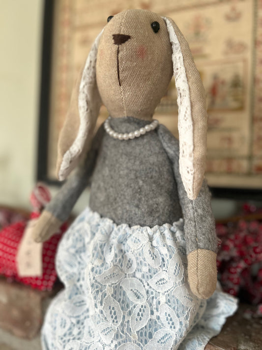 Farmhouse Linen Easter Bunny, Dressed Bunny Doll, Lace Pearls