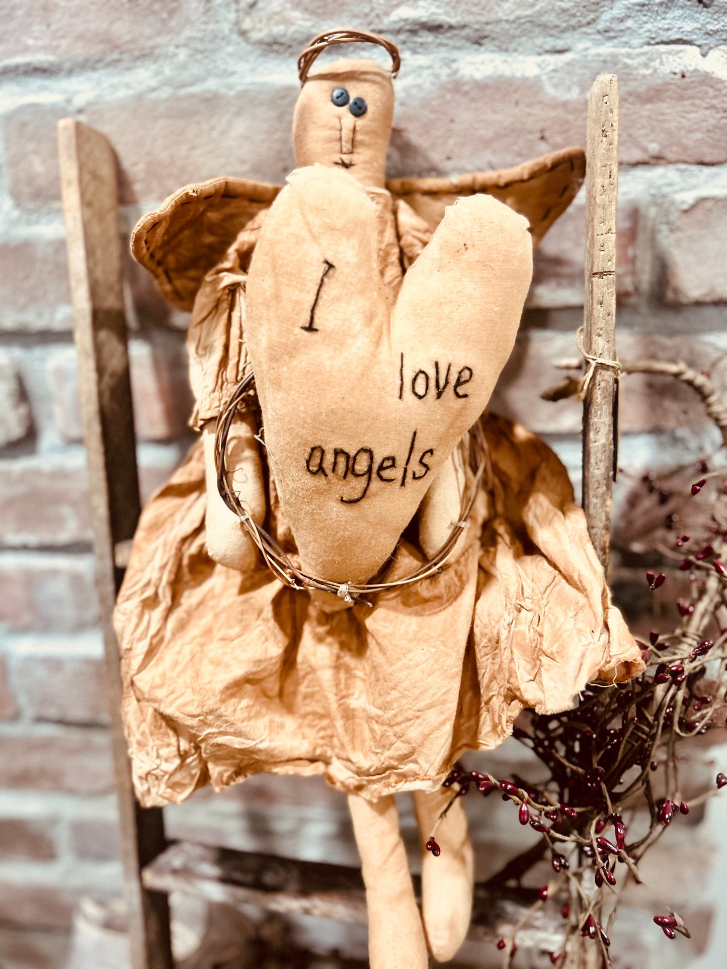 Primitive Folk Art Doll, Angel Doll, Primitive Folk Angel Heart, Valentines Day Doll