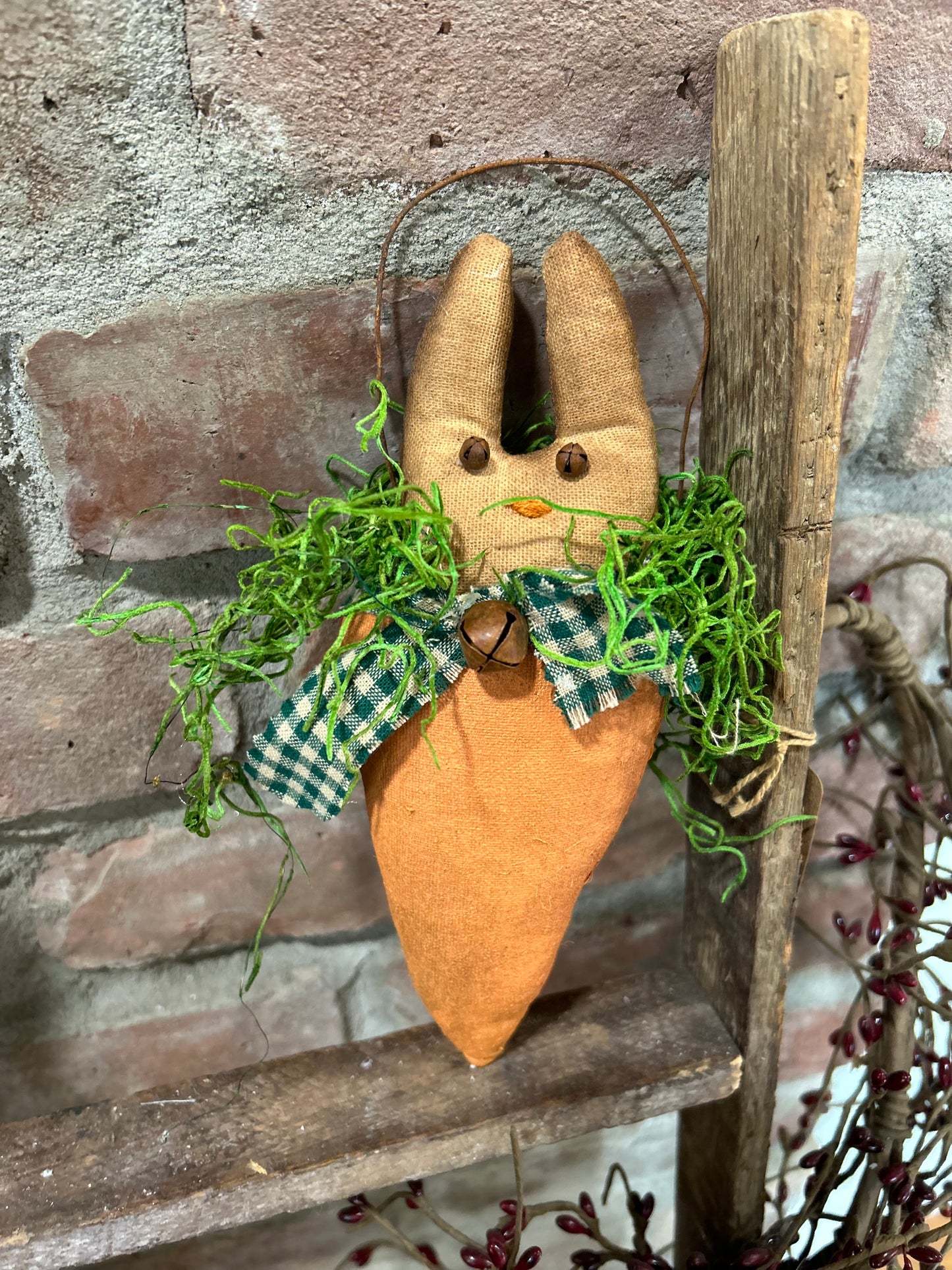 Primitive Farmhouse Easter Bunny Hanger, Bunny and Carrot Hanging Decor