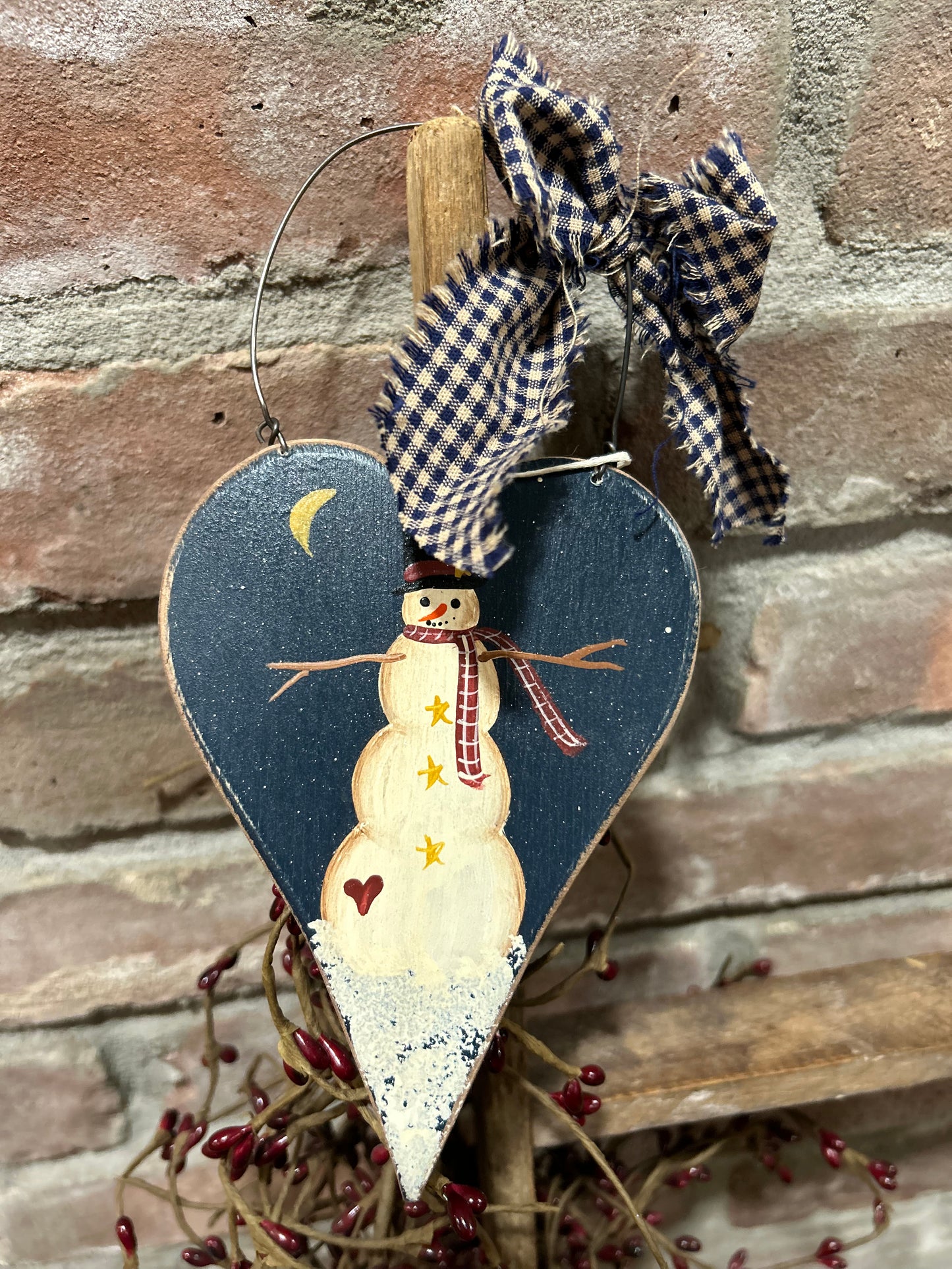 Hand painted Primitive Snowman Wooden Ornament, Rustic hand painted Christmas Ornament