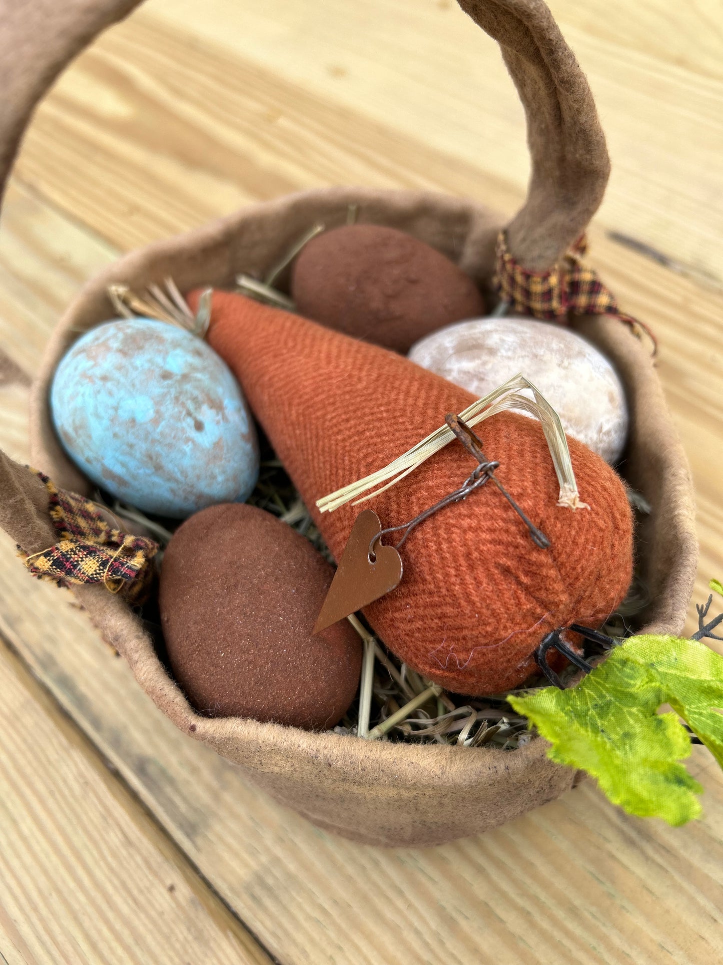 Handmade Primitive Easter Basket with Eggs and Carrots, Farmhouse Easter Decor, Primitives