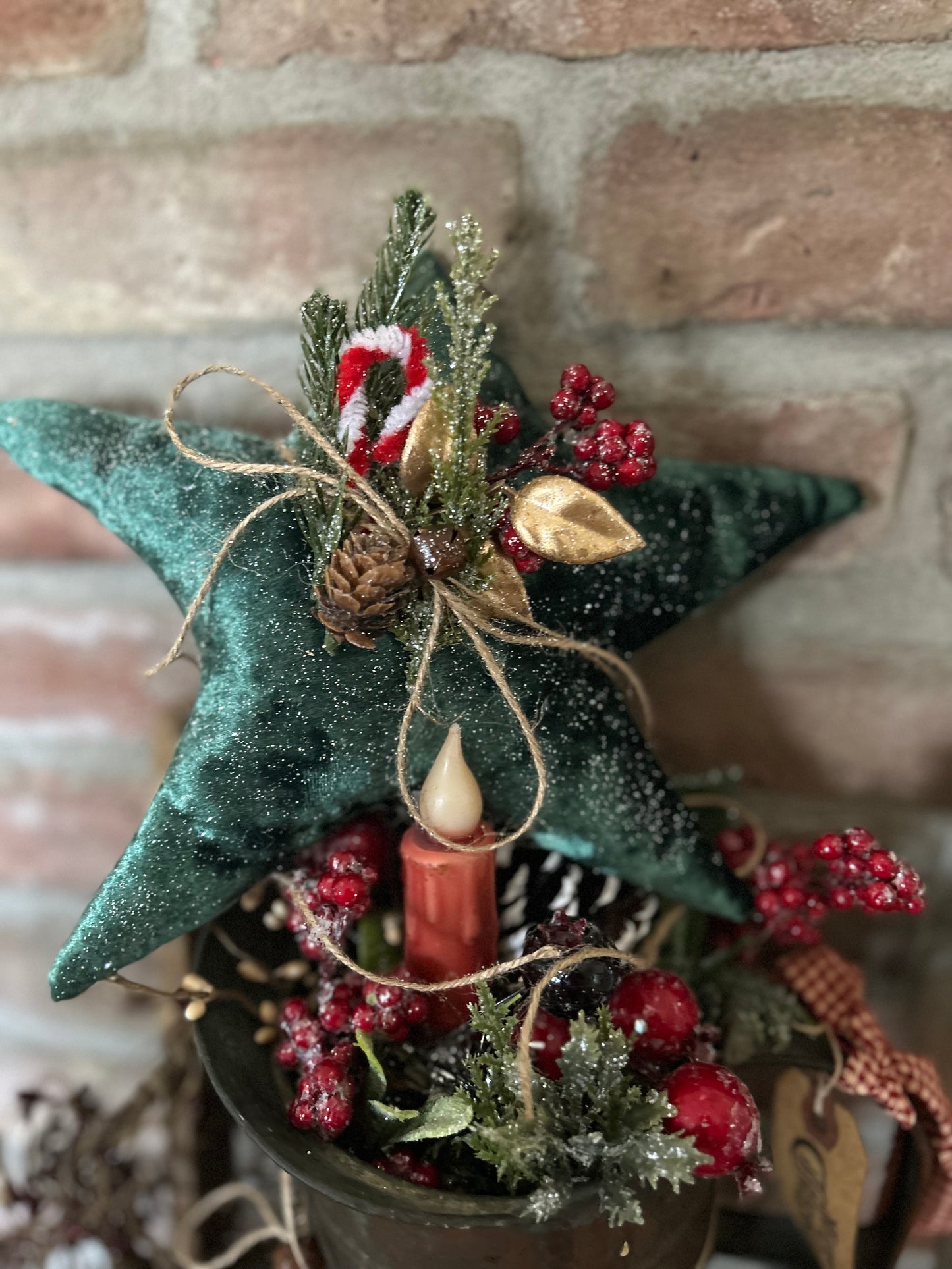 Rustic Velvet Christmas Star Ornament, Winter Star with Greenery, Primitive Christmas Decor