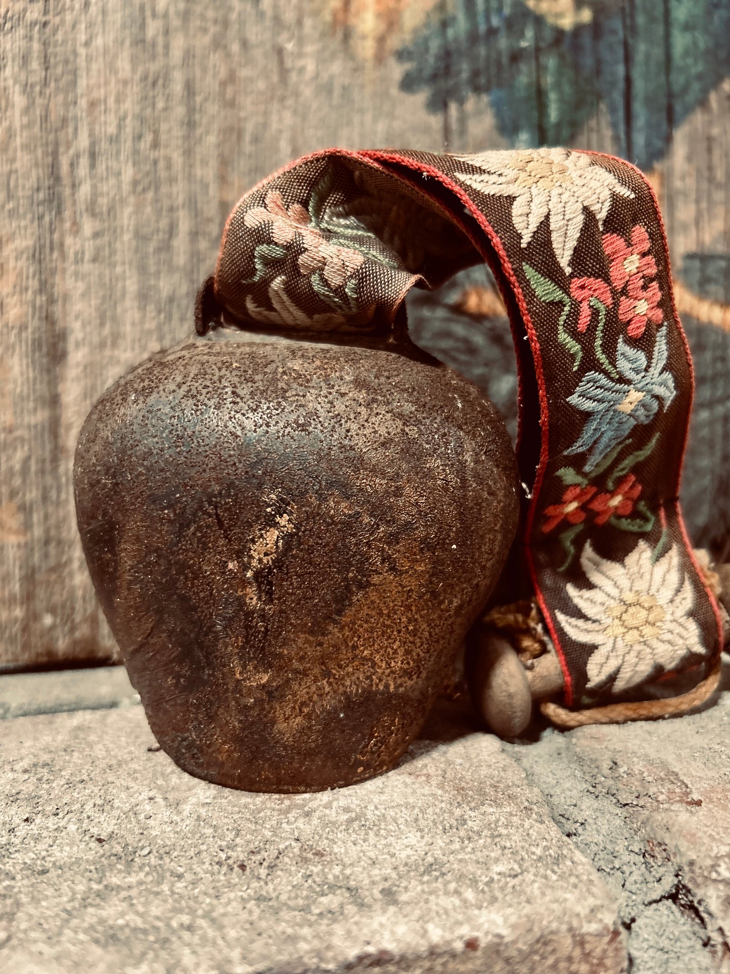 Antique Swiss Country Iron Cow Bell Hanging Floral Embroidered Strap Ornate Patina