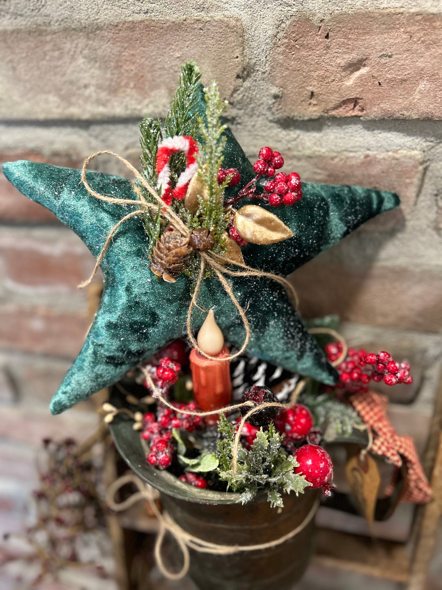 Rustic Velvet Christmas Star Ornament, Winter Star with Greenery, Primitive Christmas Decor