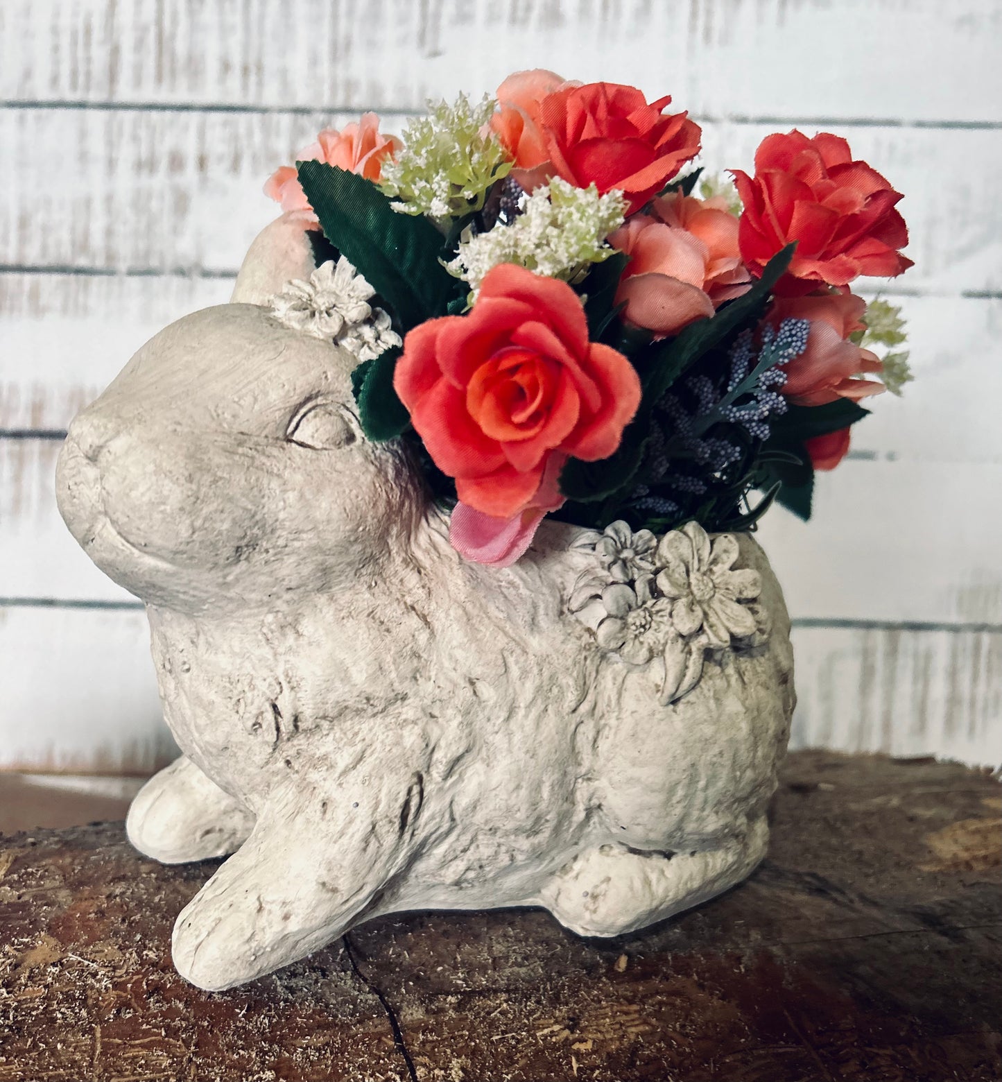 Antique Farmhouse Faux cement bunny Planter, Rustic Farmhouse Spring Centerpiece, Floral Easter Centerpiece