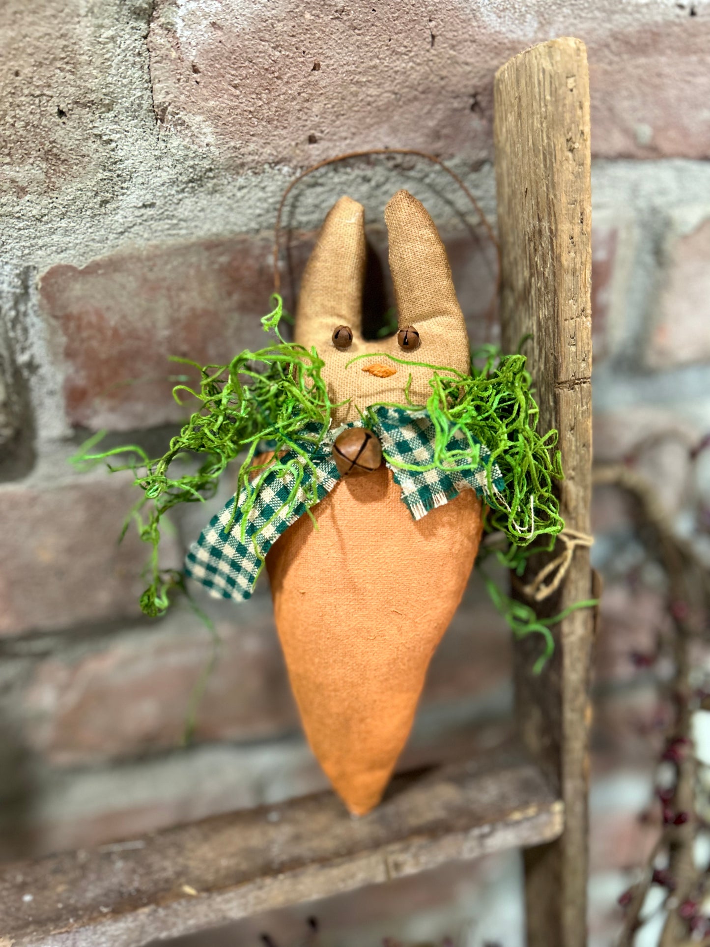 Primitive Farmhouse Easter Bunny Hanger, Bunny and Carrot Hanging Decor