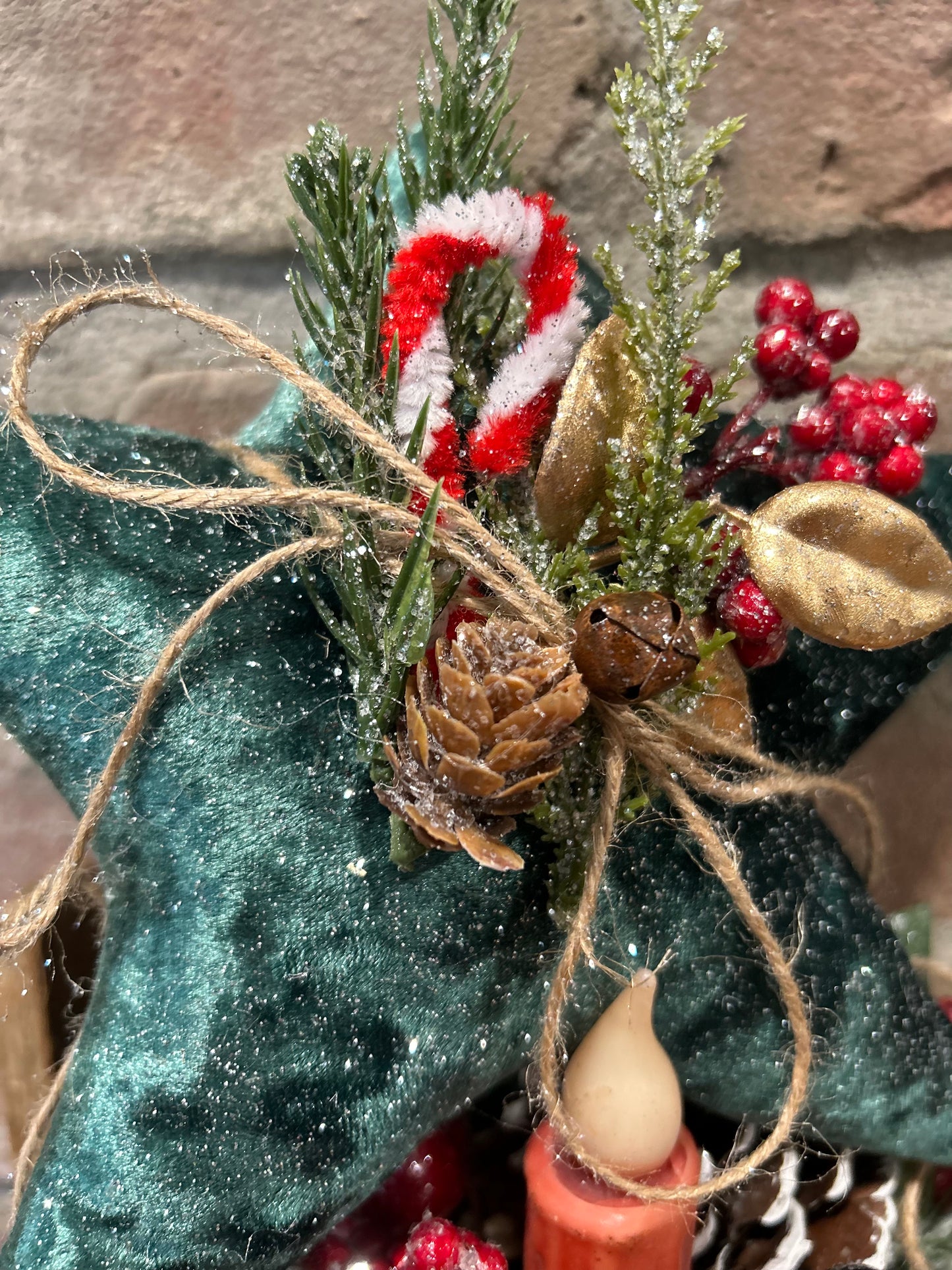 Rustic Velvet Christmas Star Ornament, Winter Star with Greenery, Primitive Christmas Decor