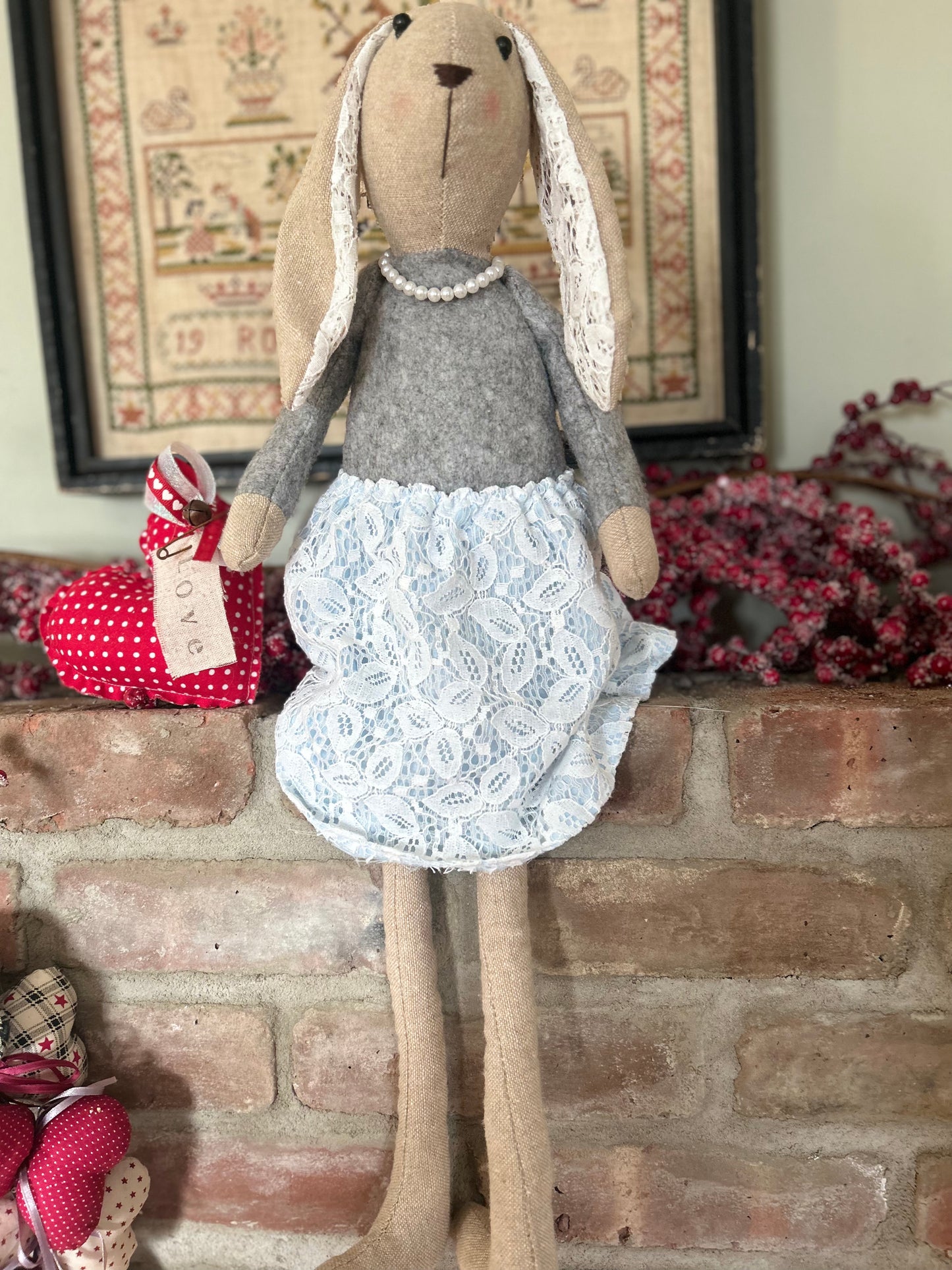 Farmhouse Linen Easter Bunny, Dressed Bunny Doll, Lace Pearls