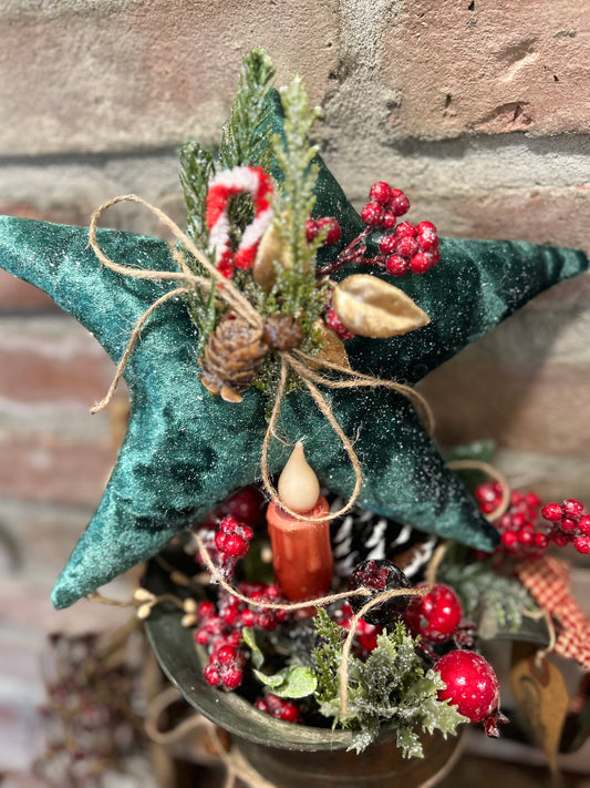 Rustic Velvet Christmas Star Ornament, Winter Star with Greenery, Primitive Christmas Decor