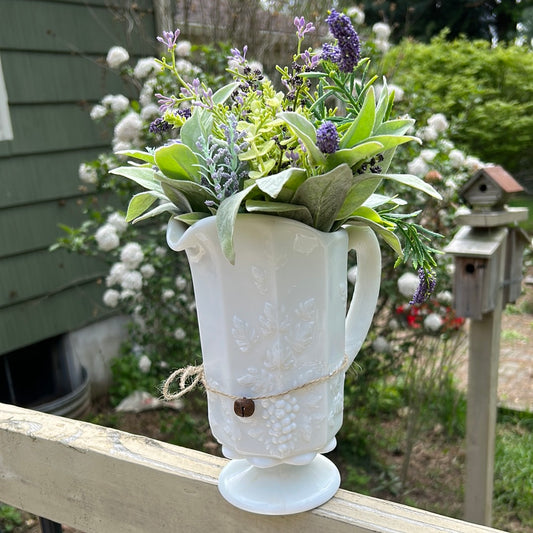 Vintage Antique Farmhouse Milk Glass Floral Centerpiece Arrangement, Wedding Decor, Farmhouse Wedding Centerpieces