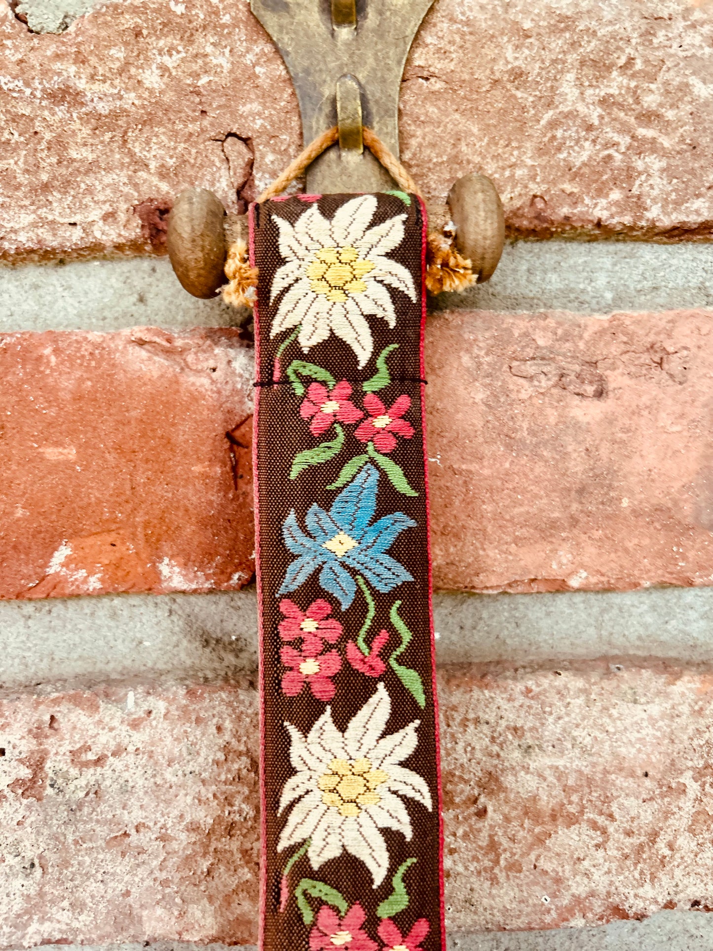 Antique Swiss Country Iron Cow Bell Hanging Floral Embroidered Strap Ornate Patina