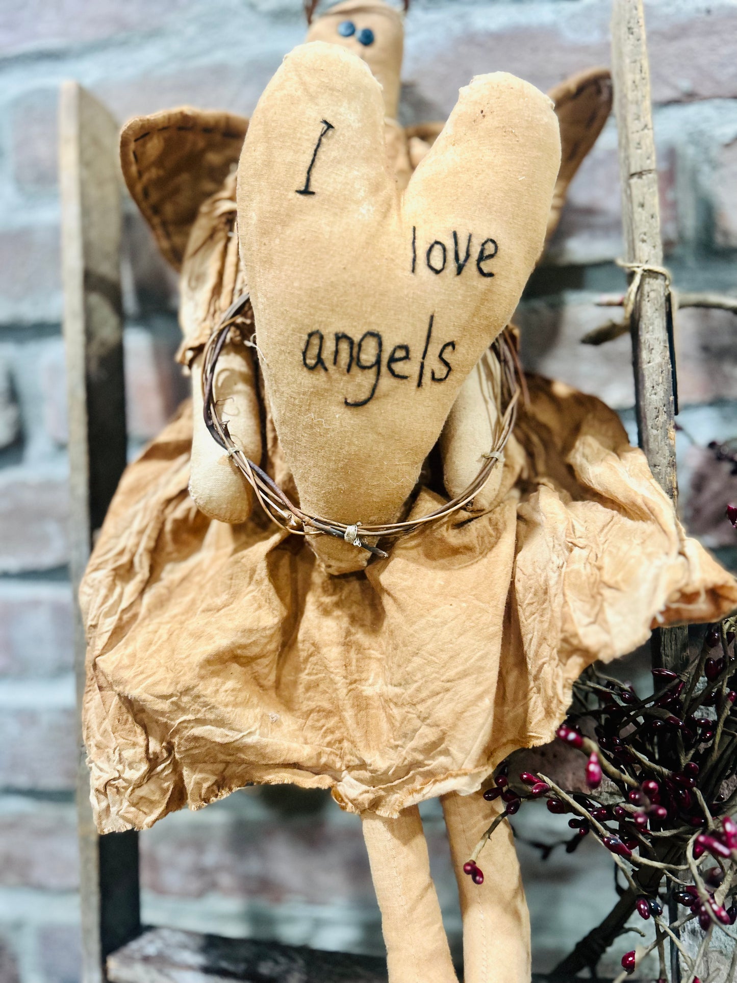 Primitive Folk Art Doll, Angel Doll, Primitive Folk Angel Heart, Valentines Day Doll