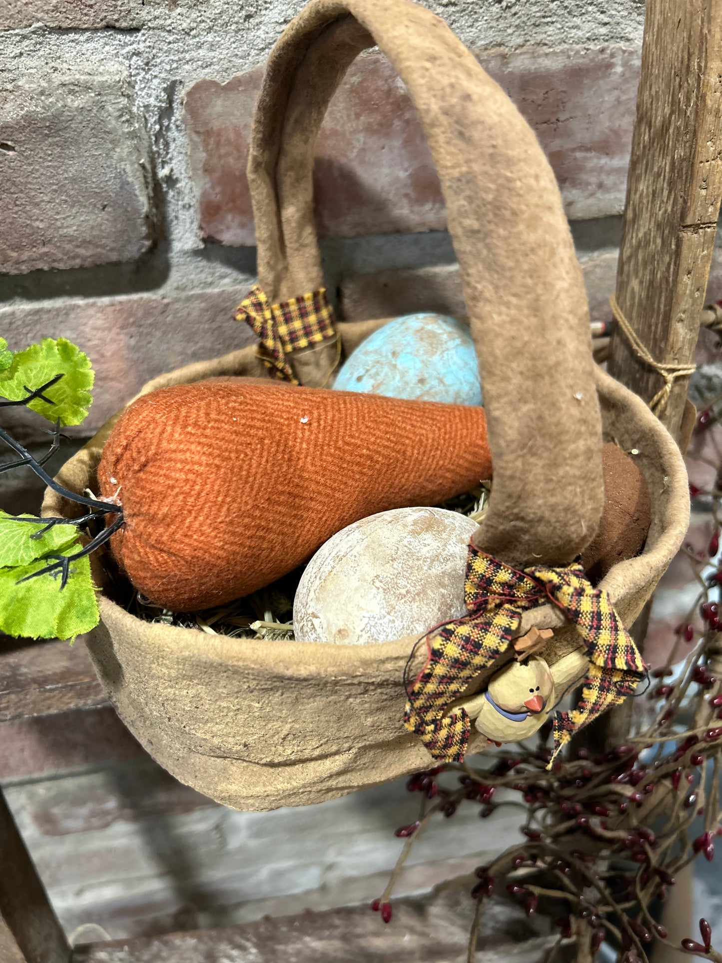 Handmade Primitive Easter Basket with Eggs and Carrots, Farmhouse Easter Decor, Primitives