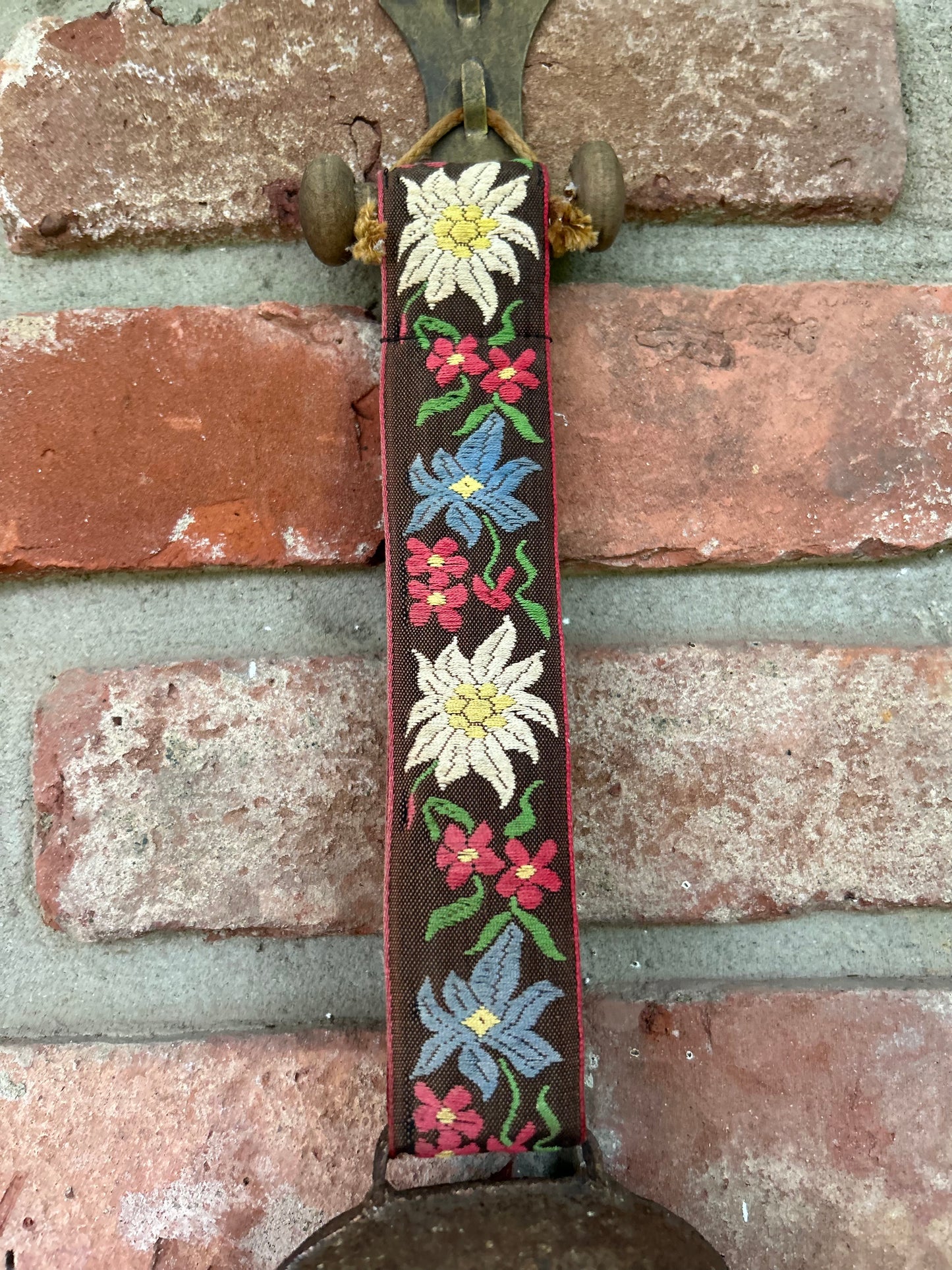 Antique Swiss Country Iron Cow Bell Hanging Floral Embroidered Strap Ornate Patina