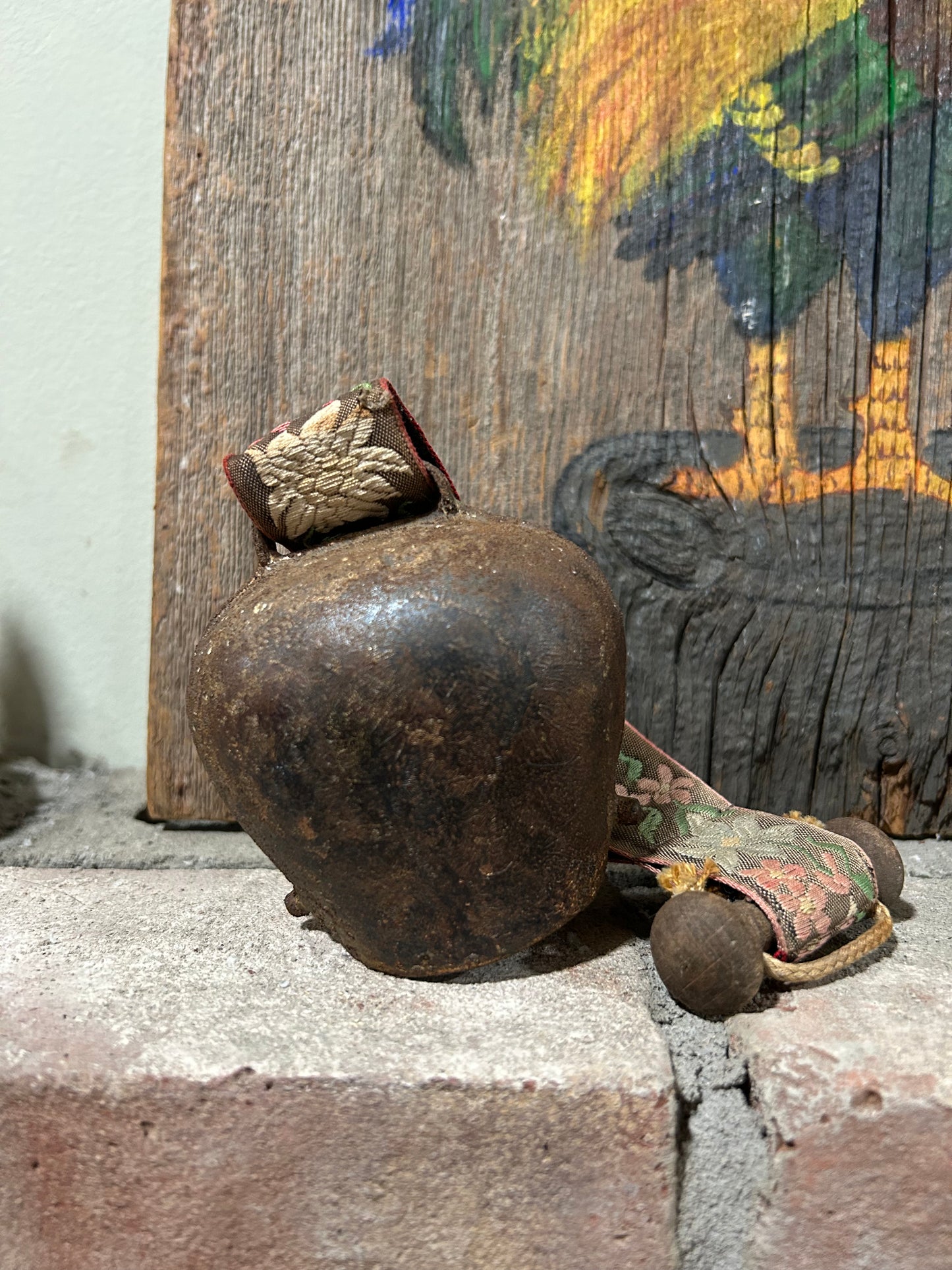 Antique Swiss Country Iron Cow Bell Hanging Floral Embroidered Strap Ornate Patina