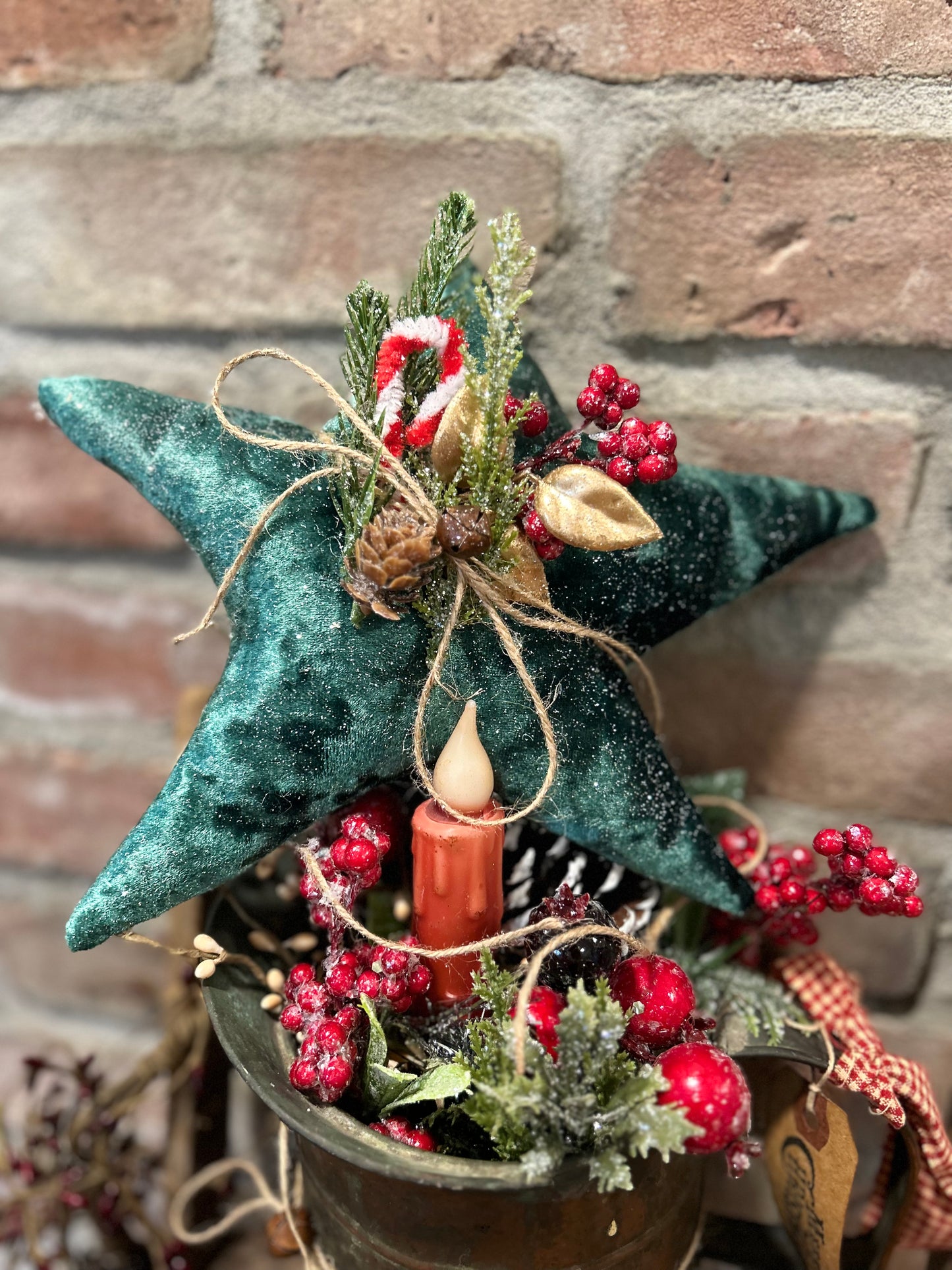 Rustic Velvet Christmas Star Ornament, Winter Star with Greenery, Primitive Christmas Decor